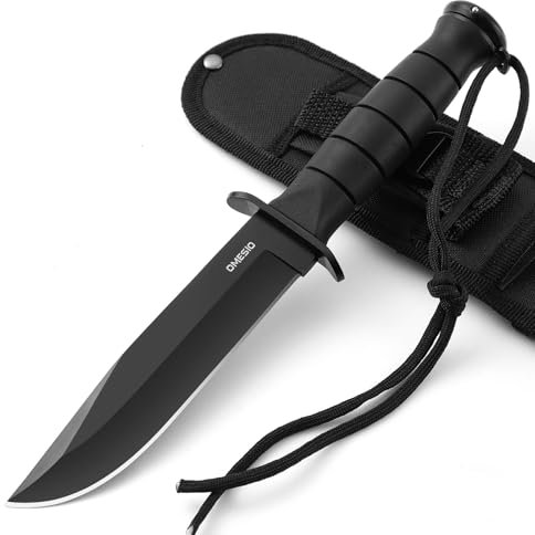 Omesio M-JC-11 Couteau de survie, Fourreau supplémentaire en nylon avec cordon de parachute, Poignée ergonomique en caoutchouc, 5CR14MOV Couteau bushcraft pour le camping d'aventure, Noir