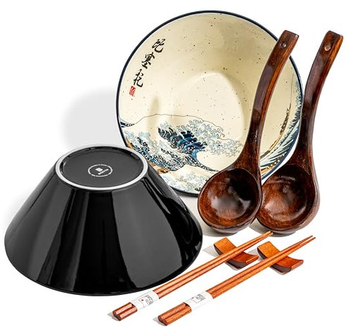 BICETTO Japanese Ramen Bowl Set with Great Wave Design - 60oz Large Ceramic Bowls, Spoons, Chopsticks for Ramen, Pho, Salad, Poke - Premium Gift for Ramen Lovers - Microwave & Dishwasher Safe