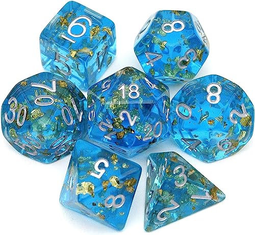 Haxtec DND Würfel Set 7PCS Polyederwürfel für Rollenspiel Würfel Spiele als Dungeons und Drachen-Blaues Goldblatt/Folie Polyederwürfel (Blaue Goldfolie (Plankton))