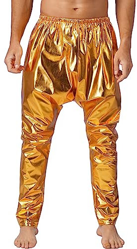 CHICTRY Men's Shiny Metallic Harem Pants Leggings Sparkly Smooth Skinny Disco Trousers Clubwear Gold M