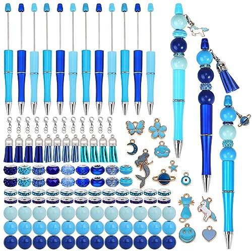 WEWAYSMILE 12 Set Perlenstifte Aus Kunststoff Verschiedene Perlenstifte Holzperlen Kristall Abstandsperlen Kugelschreiber DIY Perlenstift Set Für Frauen Geschenke Schul Und Bürobedarf (Blau)
