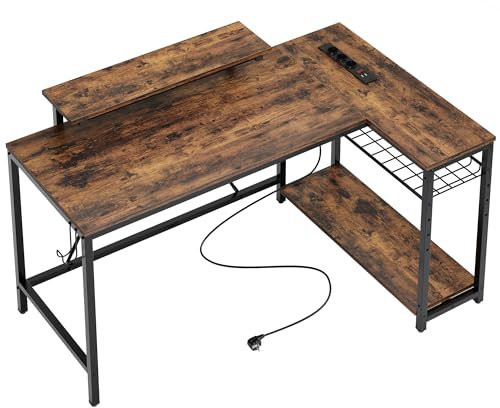 Bestier Escritorio en Forma de L con Tomas de Corriente y Luces LED Escritorio de Esquina Reversible de 132 cm con Estantes para el Hogar, Oficina, Escritorio de Estudio para Dormitorio
