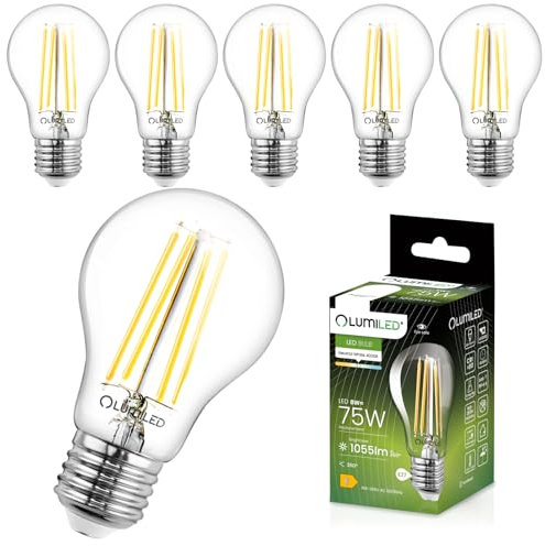 Lumiled A60 E27 LED Lampen 6 Stück, 8W (ersetzt 75W), 1055 lm Classic klares Filament, transparent Leuchtmittel, E27 Sockel 4000K Neutralweiß Birne Lampe, 360° Abstrahlwinkel Glühbirne vintage