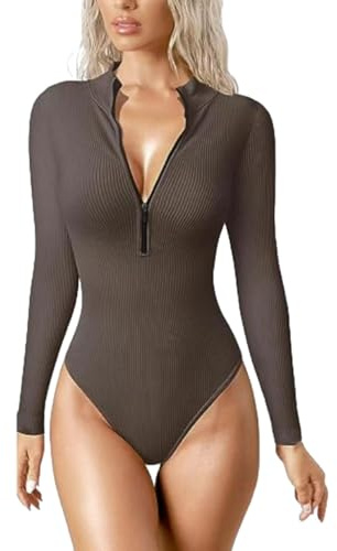 SUIUOI Body de manga larga elegante para mujer, camiseta de manga larga con cremallera, body top con tanga, body de tanga, ropa interior, tops de ocio