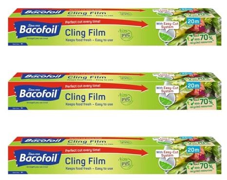 3 X PVC Free Cling Film with Easy-Cut 32.5cm x 20m - Pack of 3 | Easy-Cut Design | Kitchen Essential | Total 60m of Cling Film (Pack of 3)