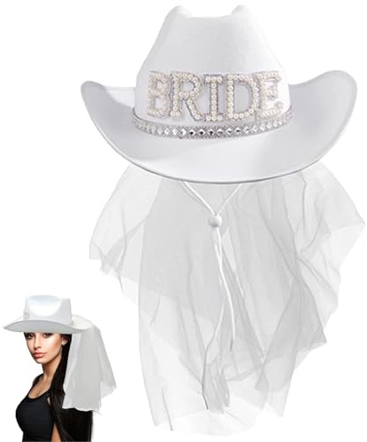 Pesoncarl Weißer Cowgirl Hut mit Schleier Braut Hut Hochzeitsfoto Kostüm Cowboy Hut Frauen Breitkremp Hochzeit Hut für Junggesellenabteilung, Cowboyhüte