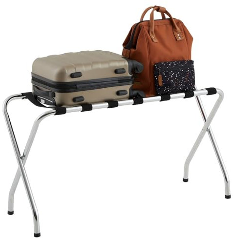 IDIMEX Porte-Valise Voyage en métal chromé, Support-Bagages Accessoire de Chambre hôtel pour Sac de Voyage et Valise, Support Valise Pliable avec 7 Sangles de Maintien
