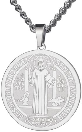 TEAMER Katholische Sankt Benedikt Siegel Halskette Edelstahl St. Benedikt Anhänger Jesus Kreuz Religiöses Amulett der Stärke Frieden Gebet Schmuck Für Männer Frauen (Sankt-Benedikt-Halskette - Silber)