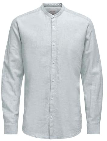 Hombres O&S Camisa de Lino Ligero Manga Larga Ajustada Blusa Básica Unicolor ONSCAIDEN, Color:Azul-3, Talla:M