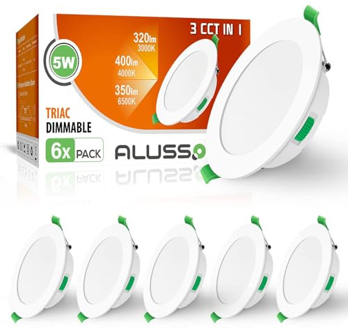 ALUSSO LED Einbaustrahler 230V Ultra Flach 5W 400 Lumen Dimmbar Deckenspots, Warmweiß Neutralweiß Kaltweiß Einstellbar Einbauleuchten, IP44 Deckenstrahler für Badezimmer Küche Wohnzimmer, 6er Set