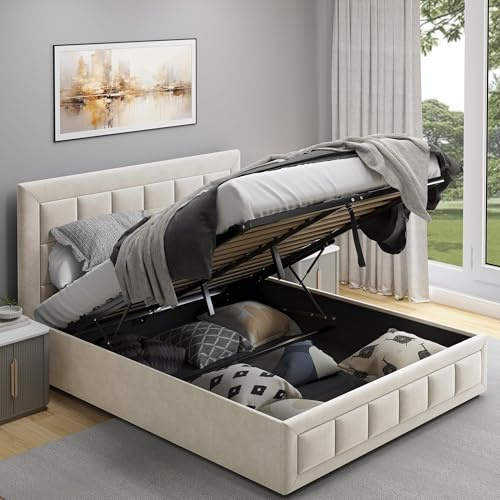 Ottoman Bed Frame, 4ft Small Double Upholstered Ottoman Bed, Velvet Fabric Storage Bed with Gas Lift End Opening Wooden Slats with Storage Bed (4ft Small Double, No Mattress)