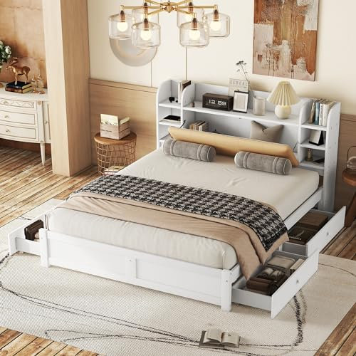 Doppelbett 180x200cm, Stauraumbett mit 4 Schubladen, Stauraum Kopfteil und mehrerem Staufächer, Bettrahmen Bettgestell mit Lattenrost, Bett mit Gestell aus massivem Kiefernholz, Weiß, Ohne Matratze