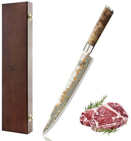 zayiko MysticMagma Damastmesser für Sashimi I Messer mit 25 cm Klinge gefertigt aus 67 Lagen Damaststahl mit Kupfer & Bronze sowie Ahornwurzelholzgriff I Edles Damast Küchenmesser in Holzbox