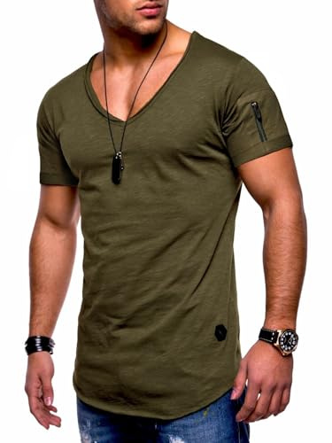 Soulstar Herren T-Shirt V-Ausschnitt Kurzarm Oversized Basic Zipper Male Tee aus Baumwolle Leichtes V-Neck Oberteil