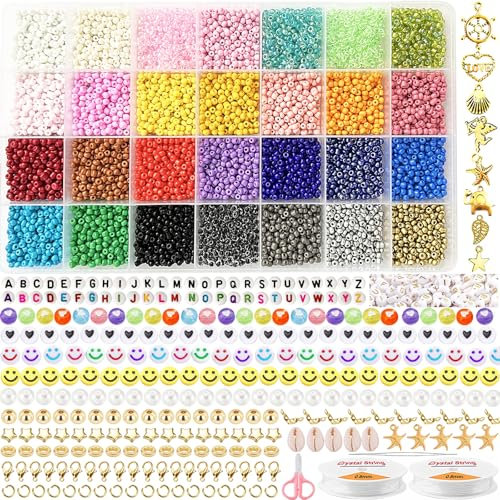 28 Farben 3mm Rocailles Perlen, 8901Pcs Perlen zum Auffädeln, Perlen Set,Glasperlen zum Auffädeln,Perlen für Armbänder Ketten Ringe Handykette Schmuckherstellung,Perlenset mit Buchstaben Perlen