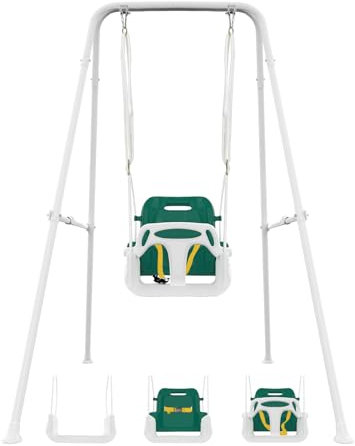 Columpio para bebé 3 en 1 para interior y exterior con estructura, columpio infantil con soporte de metal, columpio infantil para exteriores, adecuado para niños de 6 meses a 10 años (blanco y verde)