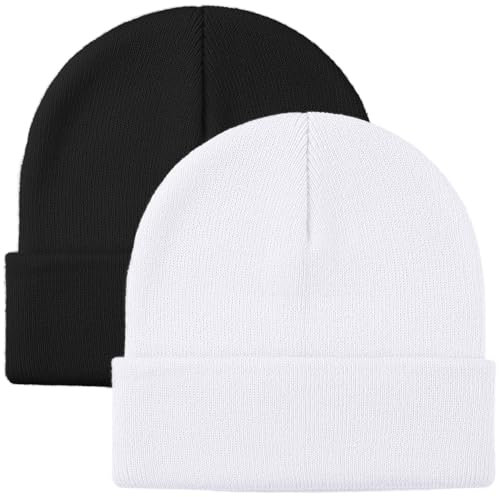 Glooarm Wintermütze für Herren und Damen, warme Mützen, Acryl-Strickmütze mit Bündchen, schwarz, weiß, Einheitsgröße