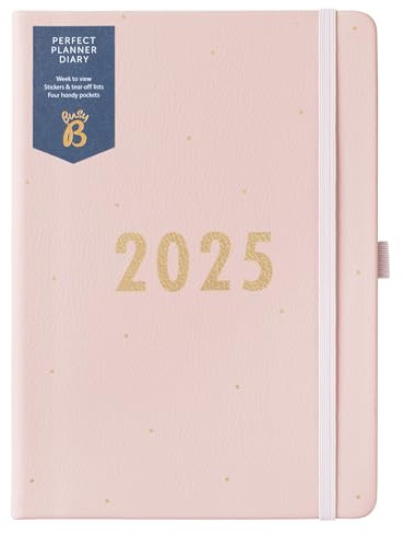 Busy B - Diario Perfect Planner - Gennaio a Dicembre 2025 - Rosa - Pianificatore settimanale A5 in ecopelle con adesivi e liste da strappare