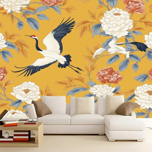 Gelb Weiß Fototapete 400 x 280 cm, Eleganter GroßEr Vogel Floral pattern wallpaper Vlies Tapeten Moderne Wandtapete Wohnzimmer Schlafzimmer 3d Effekt Wand Dekoration