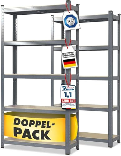 Floordirekt Scaffalatura per carichi pesanti, set da 2, grigio, 200 x 100 x 50 cm, scaffalatura cantina, magazzino, officina, banco da lavoro, 5 ripiani regolabili (Lakota)