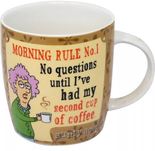 BARGAINS-GALORE Aunty Acid Ceramic Mug - Message, No Questions Until Ive Had My Second Cup of Coffee | Drinking Tea Coffee Cup | with Handle, Morning Fun | Suitable for Home, Kitchen & Office Use