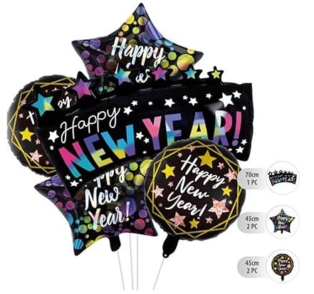 Partilandia Set mit 5 schwarzen Folienballons, Happy New Year
