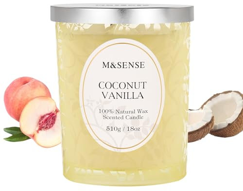 M&SENSE Duftkerze Kokosnuss Vanille, Duftkerzen im Glas Groß 510g, 100h Lang Brennende, Holzdocht Kerzen, Sojawachs Kerzen mit Duft, Knisternder Docht Kerze für Schlaf, Meditation & Stressabbau