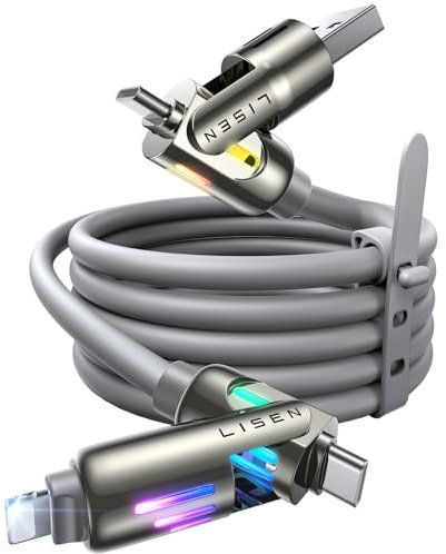 LISEN Carplay-Kabel für iPhone 15/16e/16 Pro Max/Plus (100 cm), 4-in-1 Kabel, USB C mit Licht, USB A/C auf C/L, Multi-Ladekabel für 14, 13, 12, MacBook, iPad Pro, Samsung S25, Grau