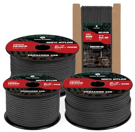 Kamu Synber Paracord 3mm x 15m 100% Nylon Cuerda Paracord 425 Tipo II 3 Hebras Cuerda Resistente para Todo Uso, Exterior, Bricolaje | Soporta 192kg | Negro