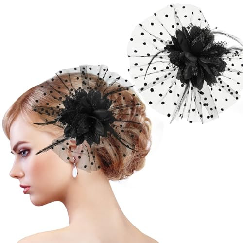 MWOOT Pince à Cheveux Fleur avec Plumes, Barrette Cheveux Fleur de Plumes Noir, Années 1920 Fascinateur Maille pour Femmes, Élégant Accessoires Cheveux pour Cocktail Mariage Goûter Noël