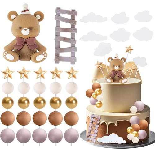33 Stück Braun Teddybär Tortendeko, Baby Dusche Kuchen Dekorationen, Taufe Junge Tortendeko Mädchen 1 Jahr für Bär Baby Dusche Kuchen Dekor Babyshower Geburtstag Party