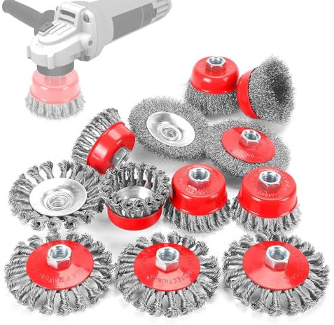 12 Pack Wire Wheel Brush for Angle Grinder, 6pcs 4” Wheel Brushes, 6pcs 3” Cup Brush Set for 4 1/2 Grinders, 5/8 -11 Threaded Arbor, 0.020In Twisted Knotted Carbon Steel for Removal Rust 4.6 out of 5