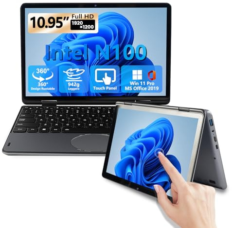 MOREPC Notebook 2 in 1 Touchscreen 10,95 Zoll mit 360° Design Tragbar leicht mit N100 Prozessor / IPS Bildschirm 1920 x 1200 16 GB DDR4 RAM / Tastatur mit Hintergrundbeleuchtung (Grau, 16+512GB)