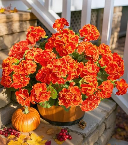 Gefälschte Geranien, künstliche Blumen für den Außenbereich, Herbstdekoration, 6 Bündel, Seidenkeranien, UV-beständig, echte orangefarbene Kunstblumen, Pflanzen für Haustür, Garten, Pflanzgefäß