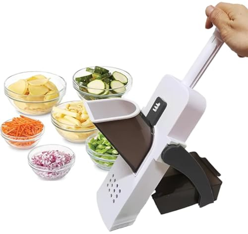 Kimbatex Mandolina de Cocina Profesional, 8 Niveles de Corte 0.5-8mm, Cortador de Verduras con Cuchillas Triples para Rodajas, Juliana y Dados, Plegable con Protección de Seguridad