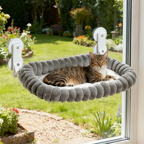 Cat Window Perch Hammock Bed with 4 Strong Suction Cups, Foldable Cat Window Seat with Reversible Soft Plush Cushion, Hanging Kitten Seat Shelf Holds up to 18kg for Sunbathing and Bird Watching