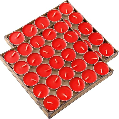 Kinmsito 100 Stück Teelichter, Teelicht Kerzen, Rot, Rund | Brenndauer 2 Stunden, Runden Kerzen, Romantische Teelichters for Geburtstag, Haus, Party, Hochzeitzu, Valentinstag