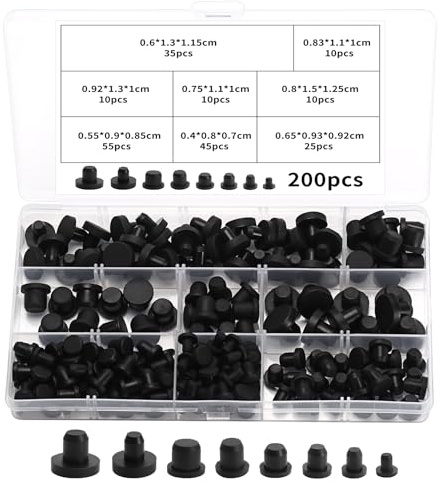 200 STK Silikon Lochstopfen Gummistopfen, 8 Größen Schwarz Verschlussstopfen, Silikon Dichtstopfen, Rund Gummistöpsel, Silikonstopfen Gummipfropfen Blindstopfen für 4-9.5mm Löcher Flaschen Rohr