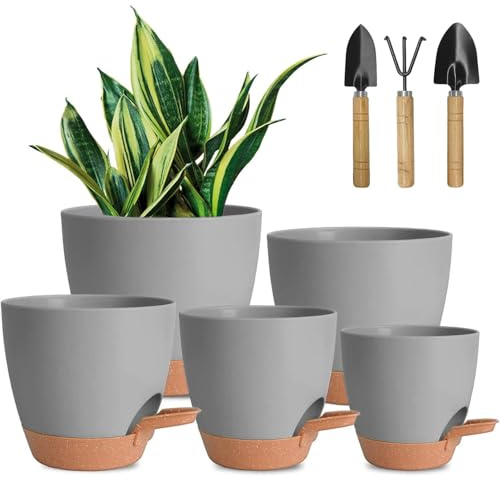 ALUNME 5 Pack Grey Plant Pots 7/6.5/6/5.5/5 Inch Self Watering Planters with Mesh Drainage Holes and 3 Garden Tools for Indoor Outdoor Garden Plants Flowers