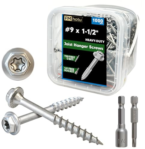 FMhotu #9 x 1-1/2 Heavy Duty Joist Hanger Screws, 1000Pcs Structural Connector Screws, 1/4 Hex Head+T20 Star Bit, 10D Nail Replacement, Zinc-Aluminum Flake Coating, 1500-Hour Salt Spray Tested