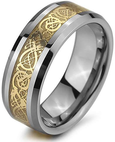MunkiMix Wolframcarbid Wolfram Ring Band Silber Golden Ton Irish Celtic Knot Irischen Keltisch Knoten Drachen Hochzeit Größe 57 (18.1) Herren