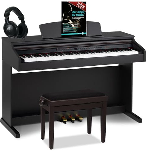 Classic Cantabile DP-50 Piano digital 88 teclas con mecanica martillo - Teclado electronico USB, 32 polifonía y funcion Twin-Piano - Organo musical para ninos - Set con banqueta y auriculares - Marrón