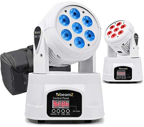 beamz MHL74 LED Moving Head Wash Lights Pair in White with DMX Control, RGBW Colour Mixing, Soft Case & XLR Cable - DJ, Stage & Theatre Lighting Kit