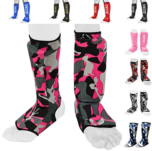 Protège-tibias et cou-de-pied pour enfants MMA Muay Thai Kick Boxing (Rose camouflage, XXXS (3 à 8 ans)