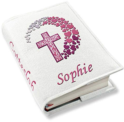 Gotteslob Gotteslobhülle Kreuz Herzen pink Kunstleder mit Namen bestickt weiß, Farbe:weiß