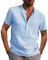 AUDATE Summer Men's Short Sleeve Linen Shirts Cotton Henley Tops Summer Shirt Light Blue 2XL