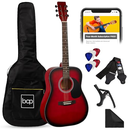 Best Choice Products 41in Full Size Beginner All Wood Acoustic Guitar Starter Set w/Gig Bag, Strap, Capo, Strings, Picks - Red Burst