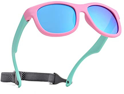 Pro Acme Unzerbrechliche Polarisierte Baby-Sonnenbrille Flexible Kleinkind-Sonnenbrüche mit Gurt Weichem Silikonrahmen für 0-24 Monate (Rosa Blau Rahmen | Blau Verspiegelt Linse)