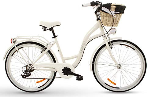 Goetze Mood 26 Zoll Damen Citybike, 17 Zoll Tiefeinsteiger Rahmen, 6-Gang Kettenschaltung, V-Bremse, LED-Beleuchtung, Gepäckträger, Komfortsattel, Schutzbleche, Rattankorb mit Stoffeinsatz!