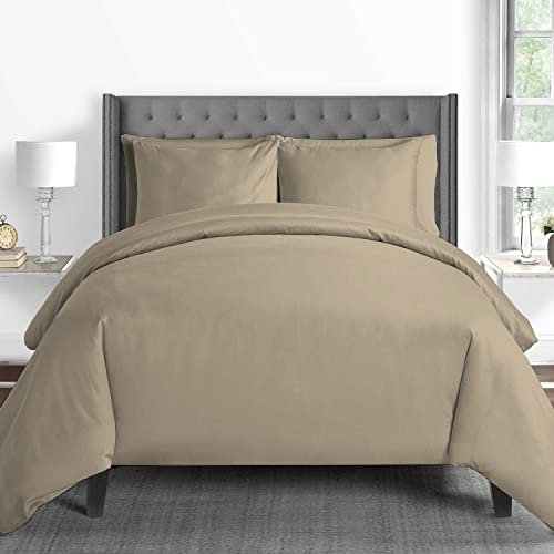 Pizuna 600 Fadenzahl aus Baumwolle Bettwäsche Einfach Taupe, 100% Langstaple Baumwolle Bettbezug und Kissenbezug, 100% Baumwolle Mako Satin 3-Teilig Bettwäscheset 200x200 + 80x80 Einfach Taupe